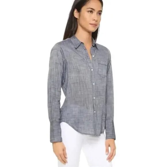 Nili Lotan Blue Gray Chambray Button Down Shirt, Size L - Picture 1 of 9